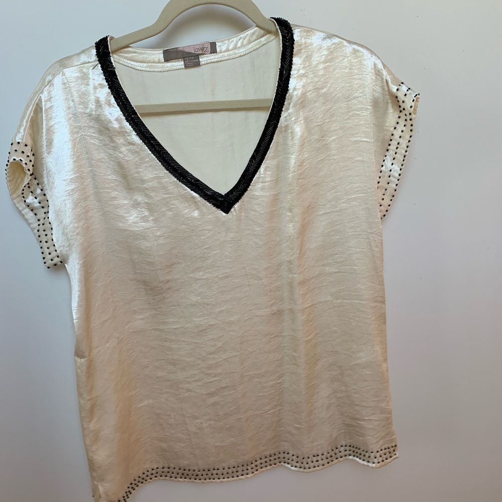 Beautiful Pearly White V Neck with Black Beading